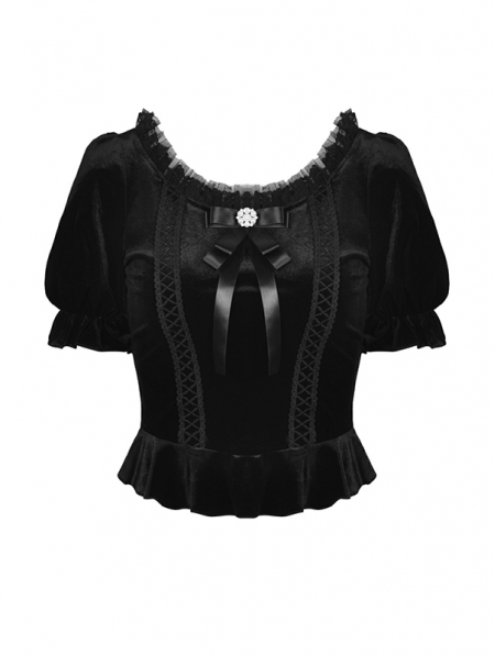 Black Vintage Gothic Cute Velvet Short Sleeves Top for Women ...