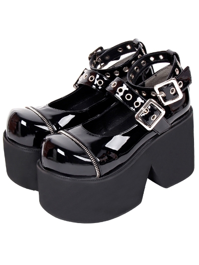 Black Gothic Punk Belt Zipper PU Leather High Heel Platform Shoes