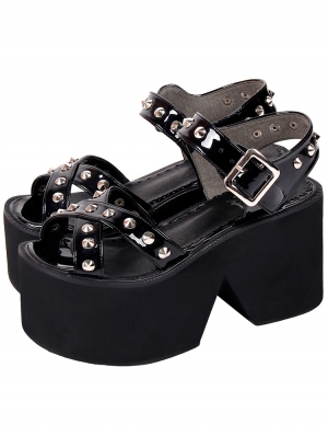 Black Gothic Punk Rivets PU Leather High Heel Platform Sandals