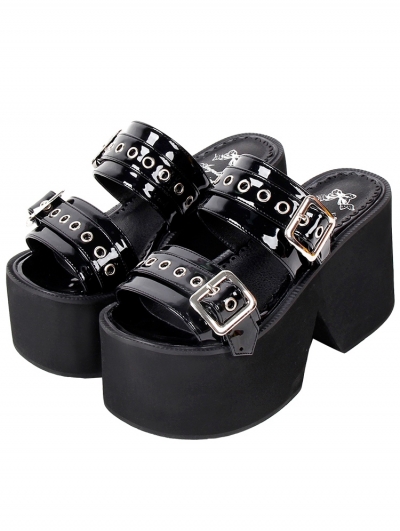 Black Gothic Punk PU Leather High Heel Platform Slippers Sandals