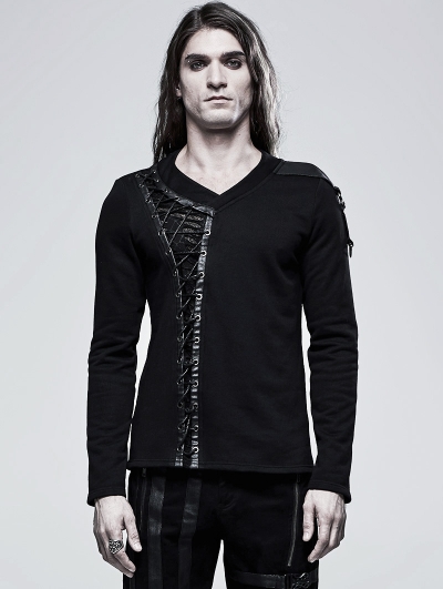 Black Gothic V-Neck Long Sleeve Casual T-Shirt for Men
