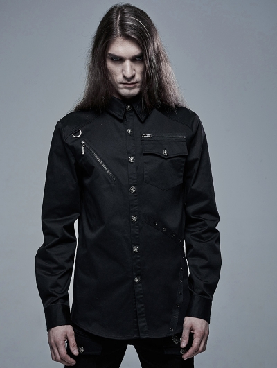 Black Gothic Punk Military Long Sleeve Shirt for Men