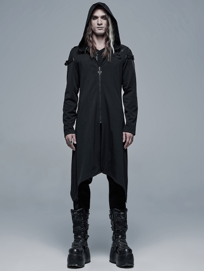 Black Gothic Dark Church Structure Long Hooded Trench Coat for Men