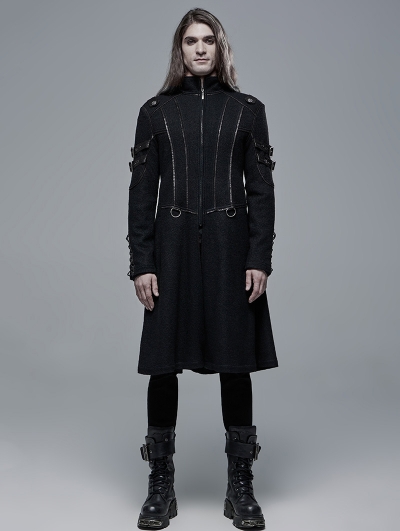 Black Gothic Punk Military Casual Mid Length Coat for Men