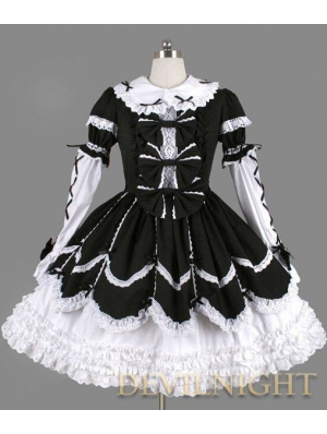 Black and White Long Sleeves Ribbon Bow Gothic Lolita Dress