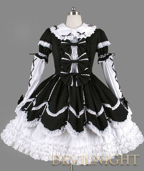 Black and White Long Sleeves Ribbon Bow Gothic Lolita Dress