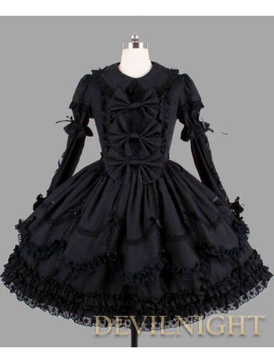 Black Long Sleeves Ribbon Bow Gothic Lolita Dress