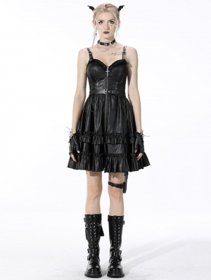 Black Gothic Rebel Locomotive Girl PU Leather Short Strap Dress