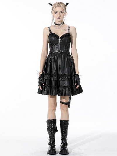 Black Gothic Rebel Locomotive Girl PU Leather Short Strap Dress