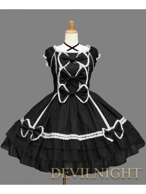 Black and White Lace Cap Sleeves Halter Sweet Bow Gothic Lolita Dress