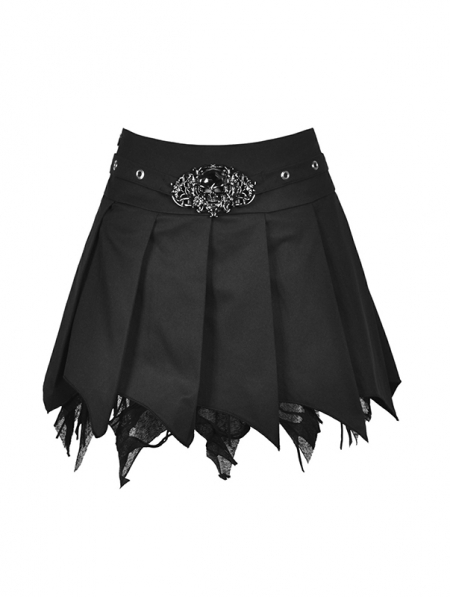 Black Gothic Punk Skull Irregular Pleated Mini Skirt - Devilnight.co.uk