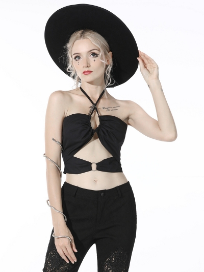 Black Sexy Gothic Summer Midriff-baring Halter Top for Women