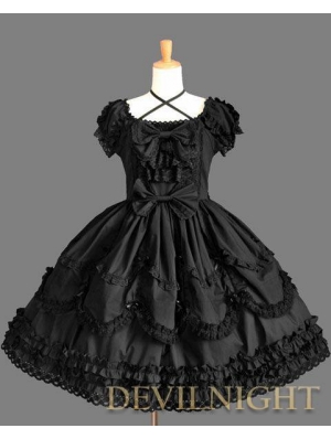 Black Short Sleeves Lace Bow Sweet Gothic Lolita Dress