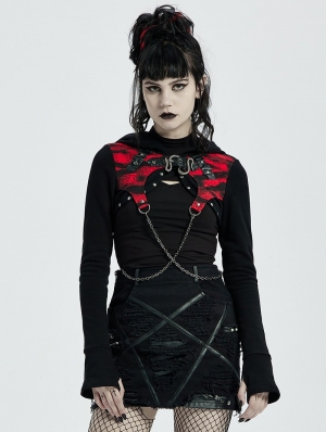 Black and Red Gothic Punk Chain Hooeded Short Coat for Women