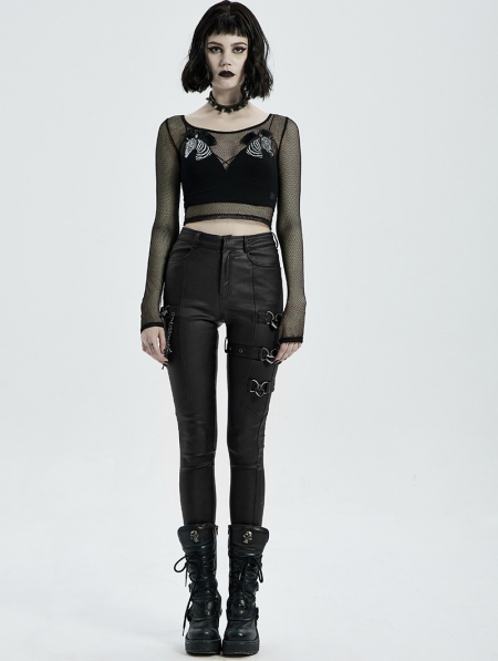 Black Gothic Punk PU Leather Long Pants for Women - Devilnight.co.uk