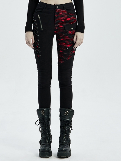 Black and Red Gothic Punk Denim Long Trousers for Women