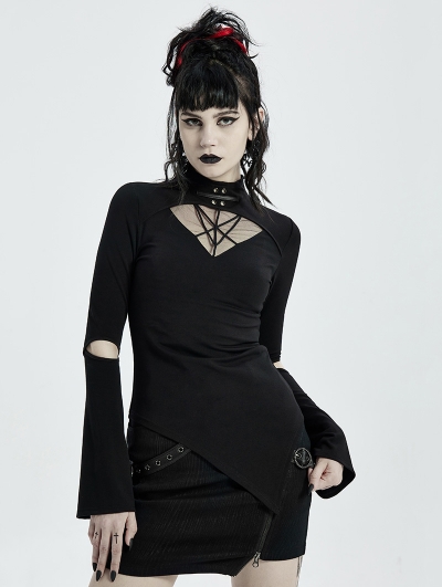 Black Gothic Punk Long Sleeve Asymmetric T-Shirt for Women