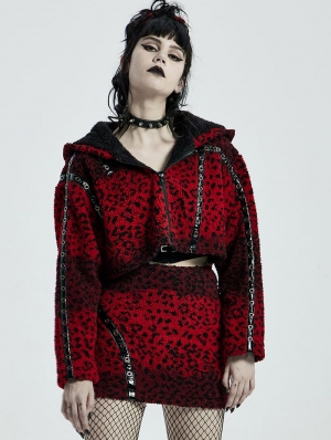Red and Black Gothic Punk Leopard Women's Hooded Loose Short Coat
