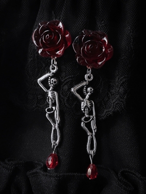 Vintage Dark Red Gothic Rose Skull Long Earrings