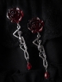 Vintage Dark Red Gothic Rose Skull Long Earrings