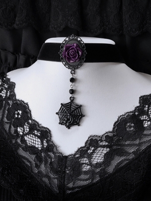 Black Gothic Dark Rose Spider Web Velvet Pendant Choker