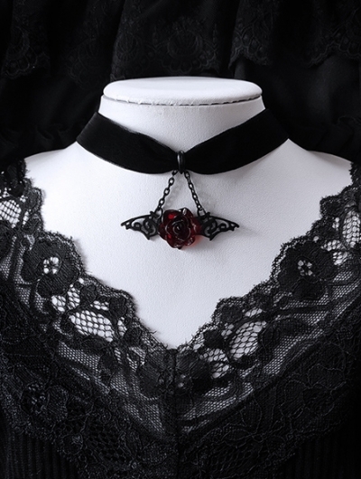 Black Vintage Gothic Velvet Rose Bat Pendant Choker