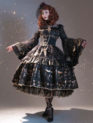 Dark Night Cross Black Gothic full Set Lolita OP Dress