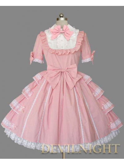 Pink and White Short Sleeves Bow Sweet Lolita Dress