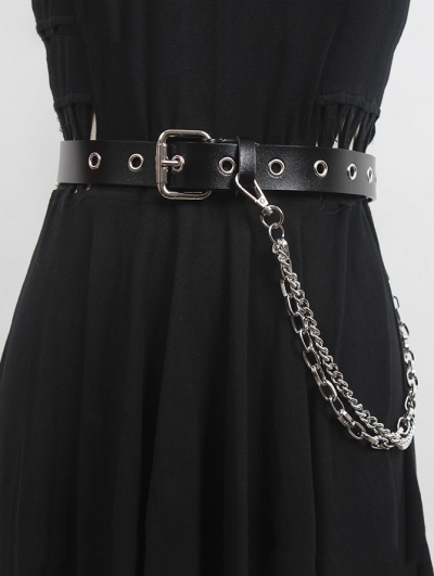Black Gothic Punk Leather Metal Eyelet Chain Belt