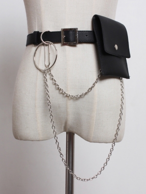 Black Gothic Punk PU Leather Hoop Belt with Detachable Bag