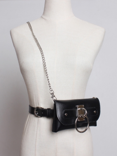 Black Gothic Punk PU Leather Harness Belt with Chain and Bag