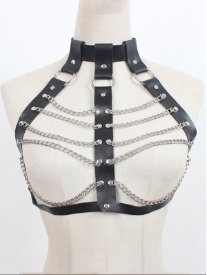 Black Gothic Punk PU Leather Body Harness with Layered Chain