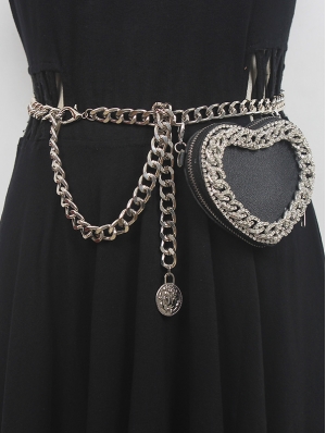 Black Gothic Punk PU Leather Metal Chain Belt with Detachable Bag