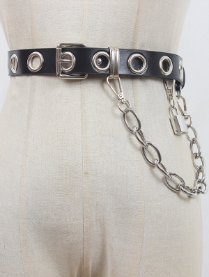 Black Gothic Punk Big Hoop Buckle Belt with Detachable Chain