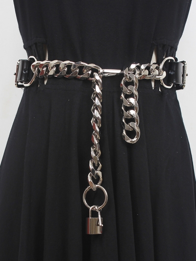 Black Gothic Punk Leather Thick Waist Chain Belt