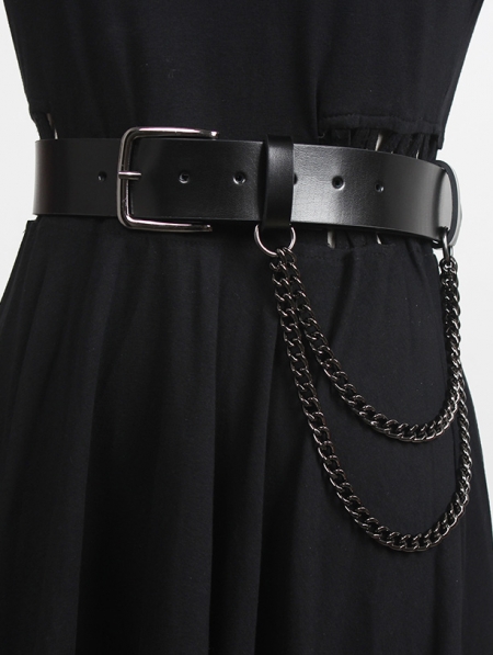 Black Gothic Punk Leather Wide Belt with Chain - Devilnight.co.uk