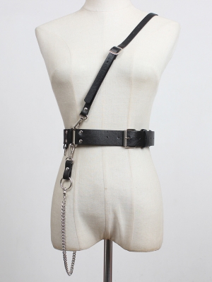 Black Gothic Punk PU Leather One-Shoulder Pin Buckle Chain Belt Harness