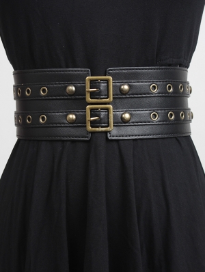 Black Gothic PU Leather Two Buckle Wide Girdle