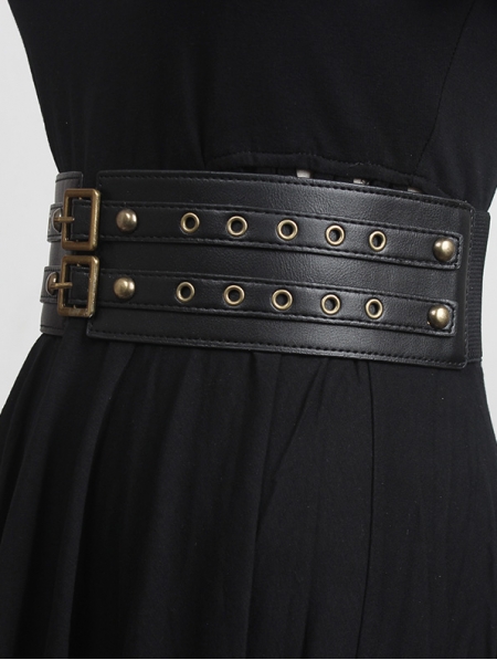Black Gothic PU Leather Two Buckle Wide Girdle - Devilnight.co.uk