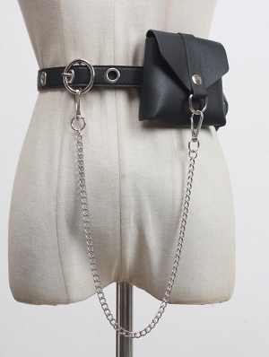 Black Gothic Punk PU Leather Chain Belt with Detachable Bag