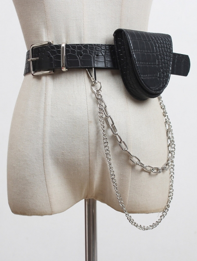 Black Gothic Punk PU Leather Chain Belt with Detachable Bag