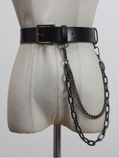 Black Gothic Punk PU Leather Buckle Belt with Long Metal Chain