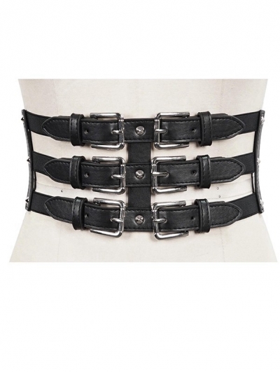 Black Gothic Punk Rivet Metal Buckle Wide Girdle for Women