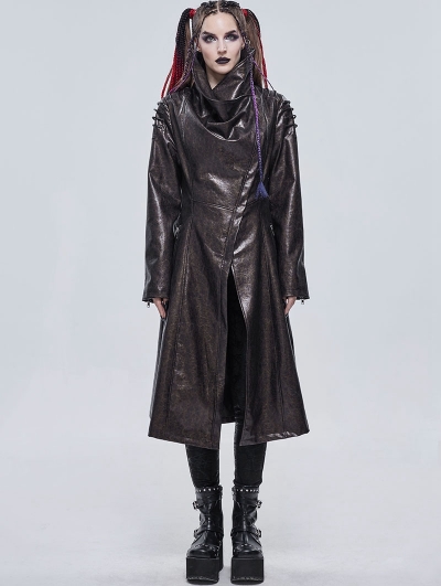 Brown Gothic Punk Do Old Style PU Leather Long Coat for Women