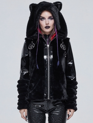 Black Gothic Cute Casual Warm Fur Short Hooded Jacket for Women