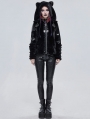 Black Gothic Cute Casual Warm Fur Short Hooded Jacket for Women