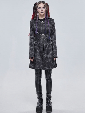 Dark Gray Gothic Punk Pentagram Hooded Long Coat for Women