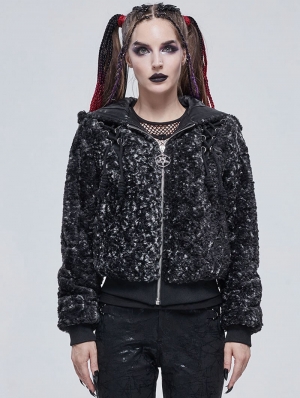 Dark Gray Gothic Punk Casual Hooded Short Jacket for Women