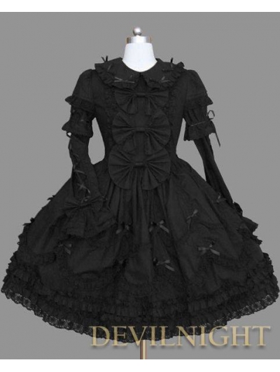 Black Long Sleeves Lace Ribbon Bow Gothic Lolita Dress