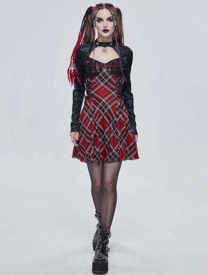 Black and Red Plaid Gothic Punk Daily Wear Long Sleeve Short Dress